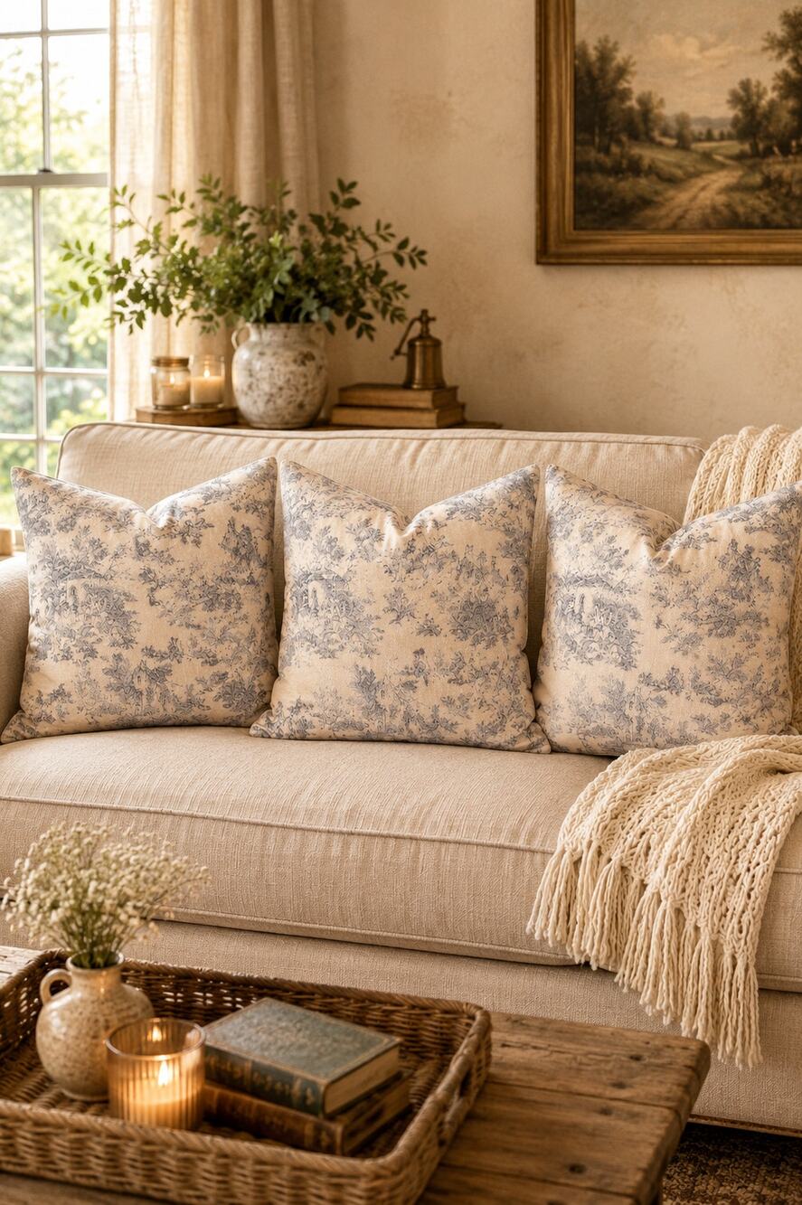 Set of 3 Toile Pillow Covers 19x19 Blue Beige French Country Cottagecore Zip